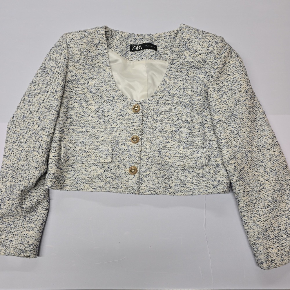 ZARA‎ Blue White Textured Tweed Cropped Blazer Jacket Gold Buttons Size L